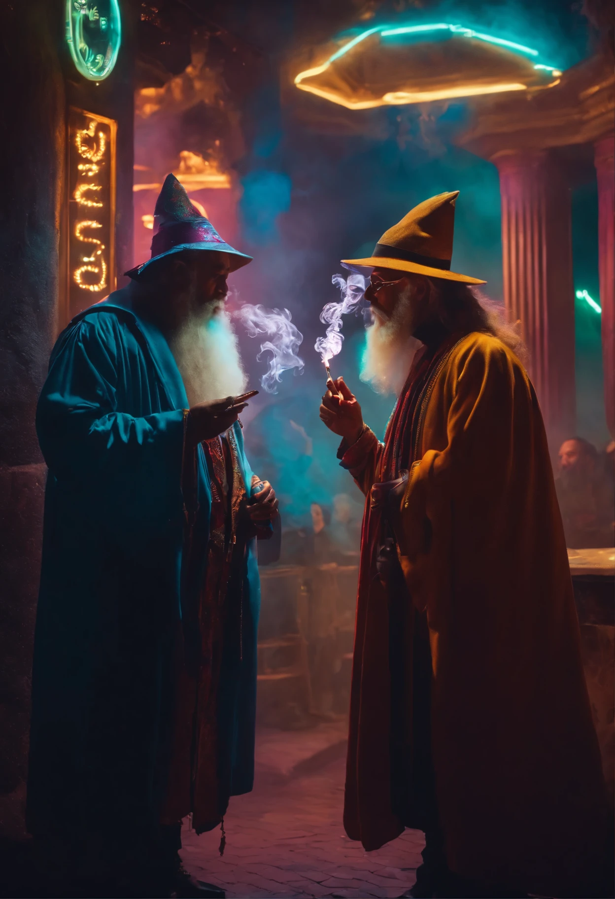 2 wizards , smoking a cigarette, smoke everywhere, neon lights