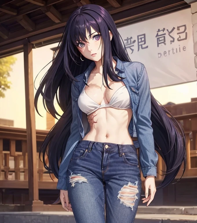 (masterpiece),(best quality), hair over right eye, looking at the viewer, thin body, dynamic poses, (medium breasts: 1.3), young girl, 8k,(bright sunny day:1.5), (seductive body details:1.3), long dark purple hair, purple eyes, seductive light smile, shy, skinny legs, (slender legs), big eyes, (((wind))), (high breasts), sharp breasts, (realistic style), full height, (burn scar on the right side of the face:1.5), (burn scar on the right side of the body:1.5), (clear left side of the body:1.2), hair over right eye, ((megane)), ((disheveled hair)), (slim waist), ((narrow hips)), (slender legs), medium breast, curvy, thight denim sexy suit, short thight jacket, naked jacket, thight pants