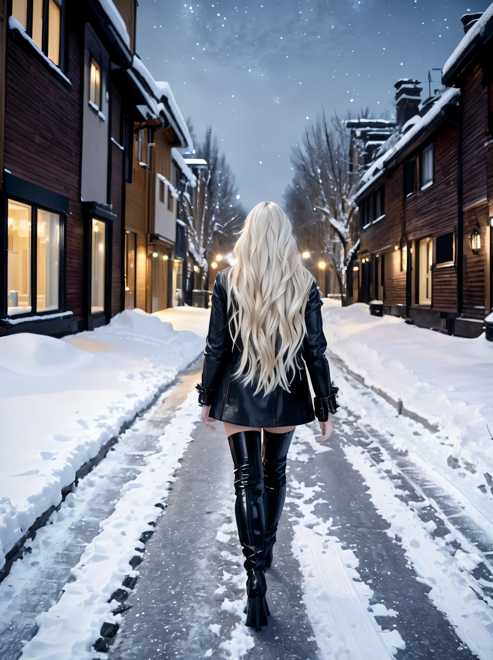 From back, full body shot, One ultra hot European gorgeous woman, age 23,  blonde wavy hair, in black leather jacket and knee high boots walking down a snowy village sidewalk, wearing a full leather outfit, leather thigh-high boots, wearing a leather trench coat, leather clothing and boots, starry winter night, northern lights.