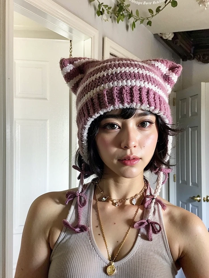 Mujer arafed con un gorro tejido con un collar y un collar, Twice Nayeon, Nayeon Twice, con un sombrero raro, usando un lindo sombrero, parecido a una mezcla de mugre, usando un sombrero tonto, parece una mezcla de mugre, parece una mezcla de mugre, ella esta usando un sombrero, lleva un lindo sombrerito, hermosa joven gatita, sombrero puntiagudo