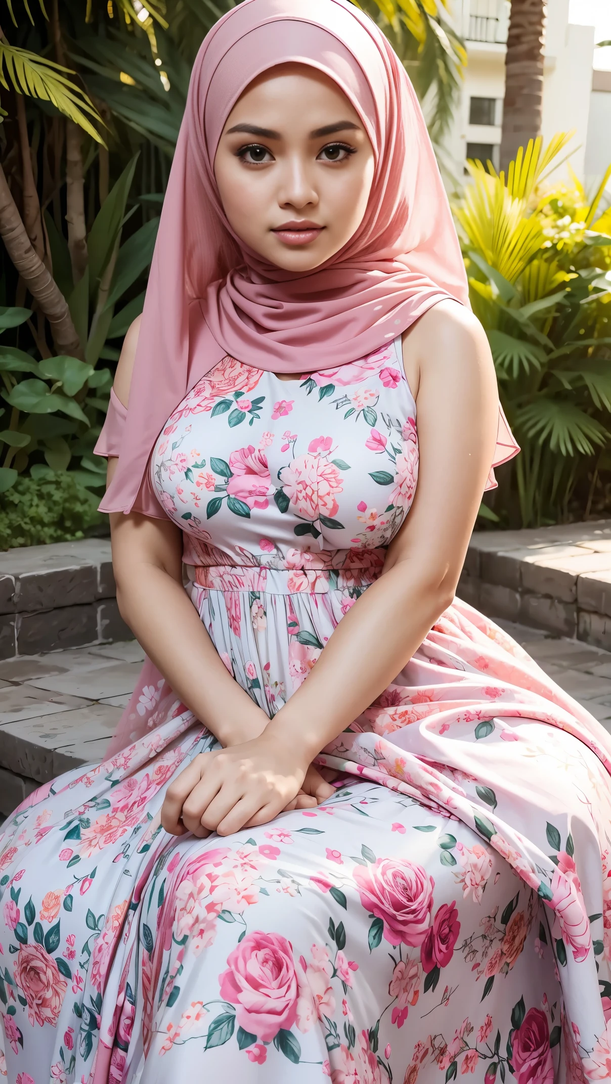 RAW, Best quality, high resolution, masterpiece: 1.3), beautiful Malay woman in hijab, Masterpiece, perfect fit body, big breasts, thick thighs, beautiful big eyes, Soft smile, woman in a floral dress sitting on a brick walkway, wearing pink floral gown, wearing pink floral chiton, wearing a long flowery dress, feminine pastel shades, * colour splash *, full covered dress, flowery, flowery dress, in pastel shades , Evening walks, City parks, Great lighting, Bright colors, Ultra realistic clean lines, very realistic