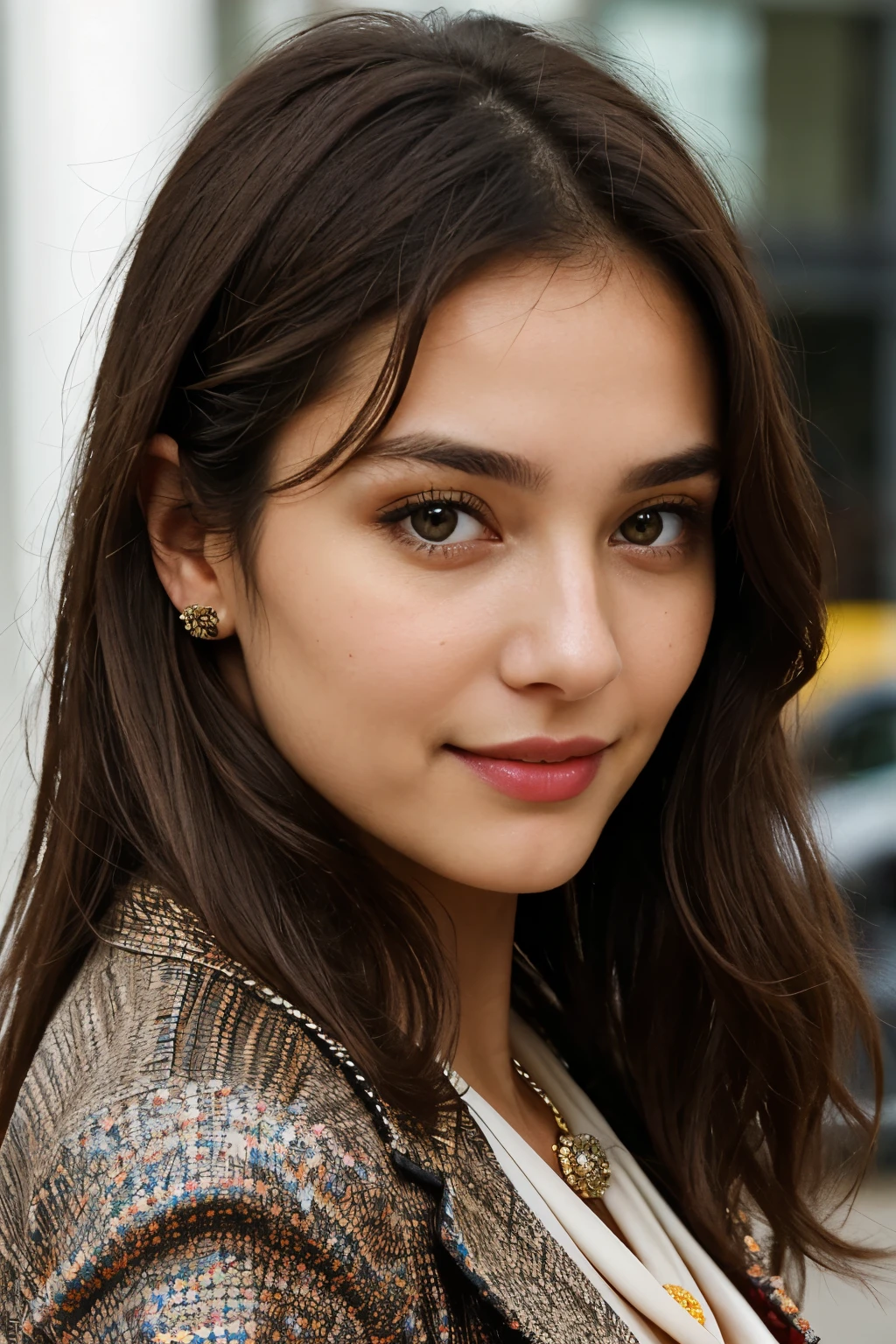 eye contact of a brunette with loose hair wearing a bright and varied theme with a brooch