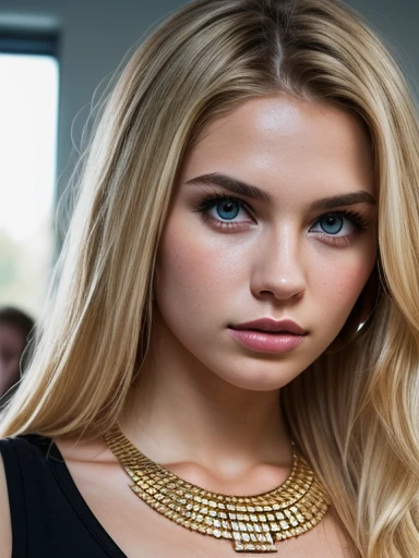 1Girl 18 years old, only, long hair, medium breasts, Looking at the viewer, blonde hair, bare shoulders, Brown eyes, Jewelry, Naked whole body, Necklace, Off the shoulder, Defined lips, Realistic, nose, Flirting with a camera in the background in a vibrant city, Night Photo, in an ally, well lit pink and small nipples.