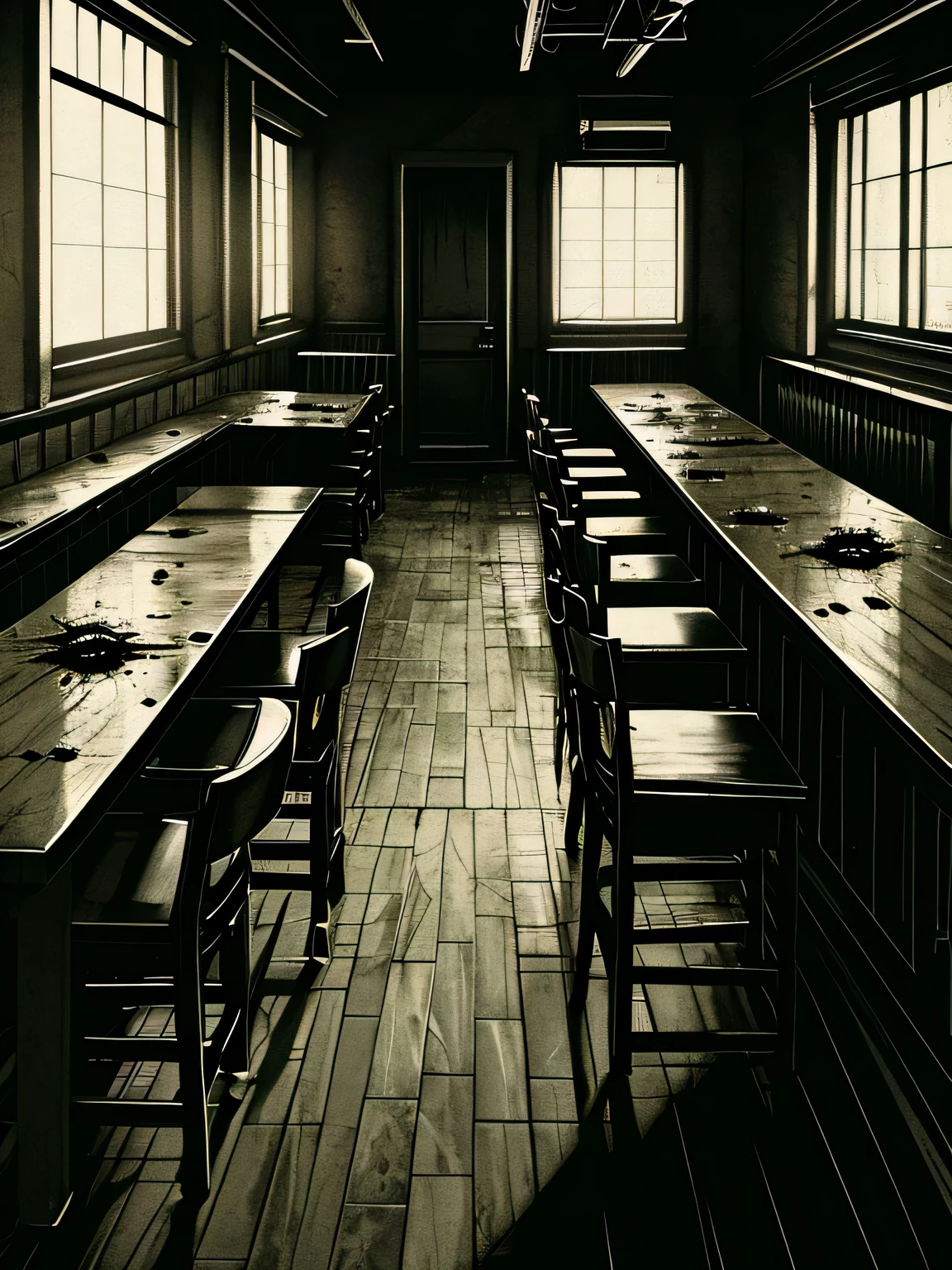 (dark tentacle in biopunk style), (horror art), Dark lighting, Cold lighting, black oil liquids, Dark Fantasy, dark empty tavern refuge, Gloomy Kitchen, Old table, A few chairs, drawers and cabinets, boarded up windows, Dark Fantasy environment, very detailed art, very detailed background