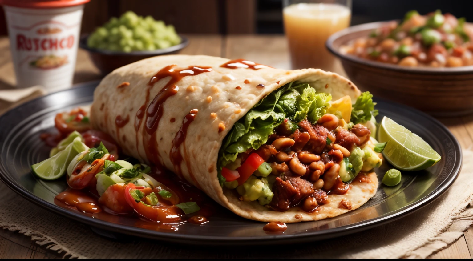 alto detalhe, ultra realista, comida deliciosa, um prato rustico com 2 tacos shell recheados com carne e  mais um burrito enrolado e bem recheado com chilli beans e guacamole