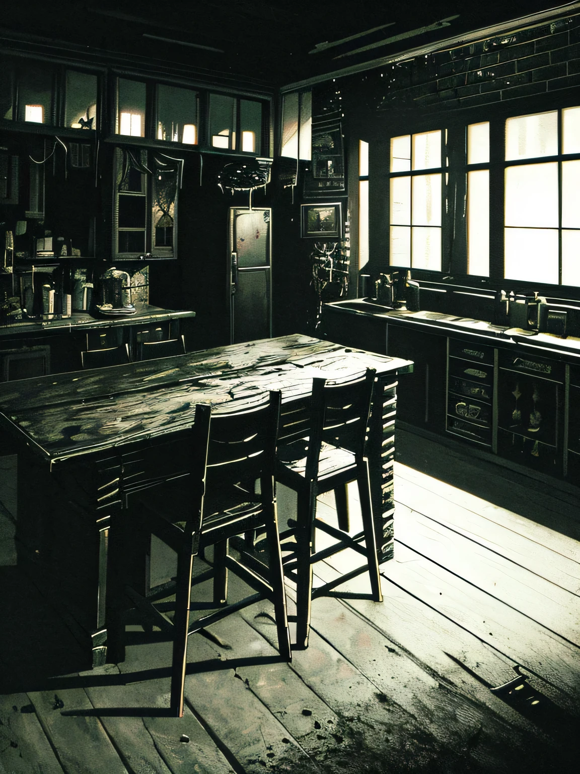 ((dark tentacle in biopunk style)), (horror art), Dark lighting, (cold light), black oil liquids, Dark Fantasy, dark empty tavern refuge, Gloomy Kitchen, Old table, A few chairs, drawers and cabinets, boarded up windows, Dark Fantasy environment, very detailed art, very detailed background