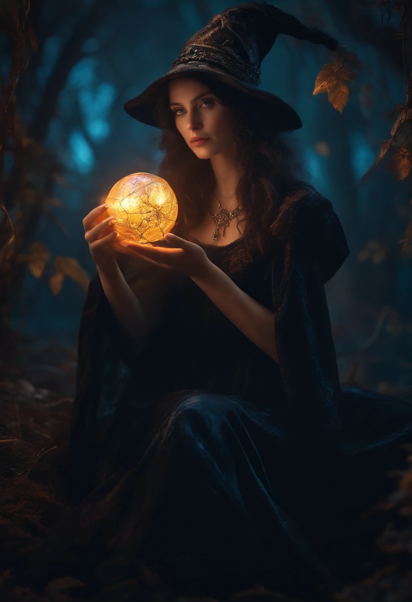 1 girl 20 years old, Witch neon lights on hands, Otherworldly themes with dark fantasy and ethereal fantasy, Bright core with lots of magic sphere backgrounds, fantastic realism, Best quality, Highest quality, 8K, absurd res, High quality epic, extremely detailed, Ultra Detailed Skin, Amazingly detailed, hyperrealistic, very high resolution, ultra photorealistic,