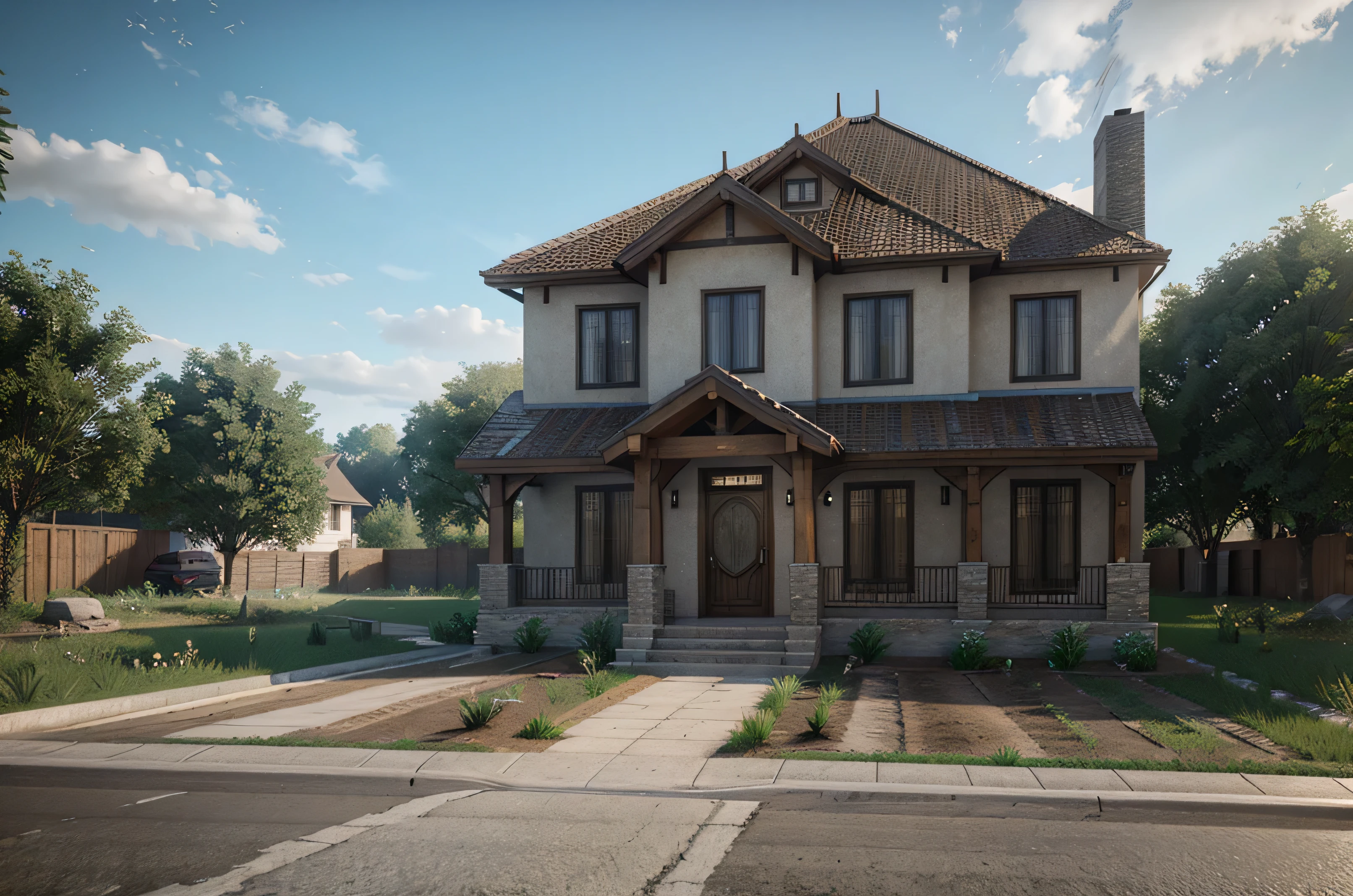 plowed house with driveway and a walkway in front, beautifully detailed render, estilo 3D realista, renderizado no lumion pro, realistic fantasy rendering, natural realistic render, realistic Unreal Engine rendering, Motor Unreal altamente detalhado, photorealistic rendering, realistic cgi render, estilo fotorrealista, Motor irreal altamente realista, architectural visualisation, photorealistic rendering