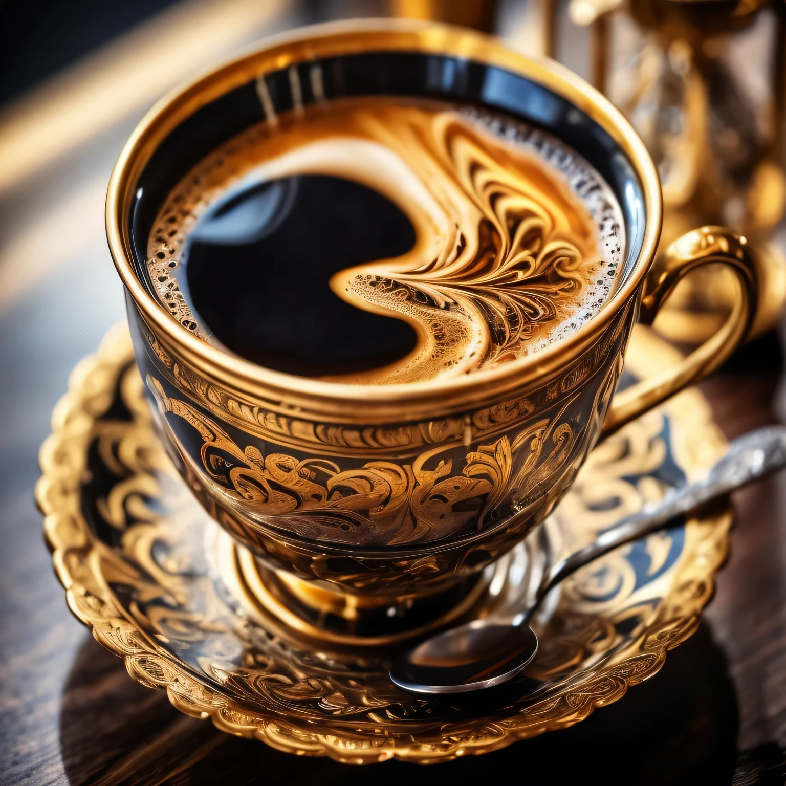 HDR photo of golden cup of coffee with black coffee, intricate details, fractal art, Calligraphy, Petros Afshar, tilt shift shot, High dynamic range, vivid, rich details, clear shadows and highlights, realistic, intense, enhanced contrast, highly detailed