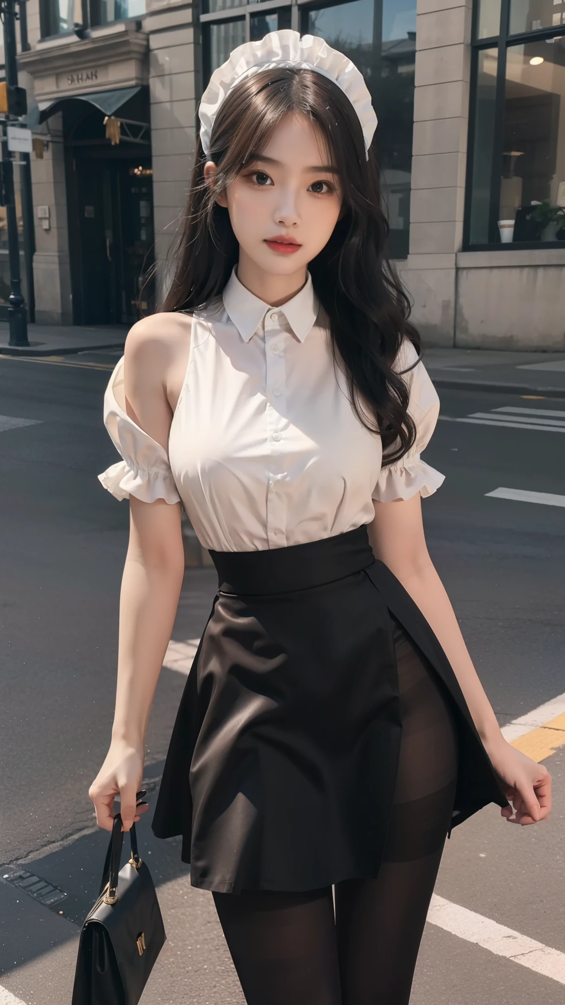 (whole body:1.5),(1 girl:1.3),(whole body:1.4),(anatomically correct:1.3),(In the square:1.2),(maid skirt:1.2),( black pantyhose:1.3),( Long wavy curls :1.1),(precise、perfect face shape:1.3),ultra high definition, Ray tracing, reflected light, Correct structure, Award-winning, high detail, Lighten shadow contrast, facial lighting ,Cinema lighting, masterpiece, Super details, high quality, high detail, best quality, 16k,high contrast,