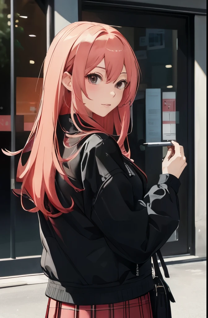 ((Best quality)), HD, 4K, ((masterpiece)), (detailed)), (masterpiece), a woman in a skirt and jacket holding a bag and a bag, guweiz, artwork in the style of guweiz, promo art, style anime, anime moe artstyle, high quality anime artstyle, anime visual of a cute girl, marin kitagawa fanart, modern anime style, made with anime painter studio, anime artstyle, an anime girl, with a intence red color in her hair, no ia style