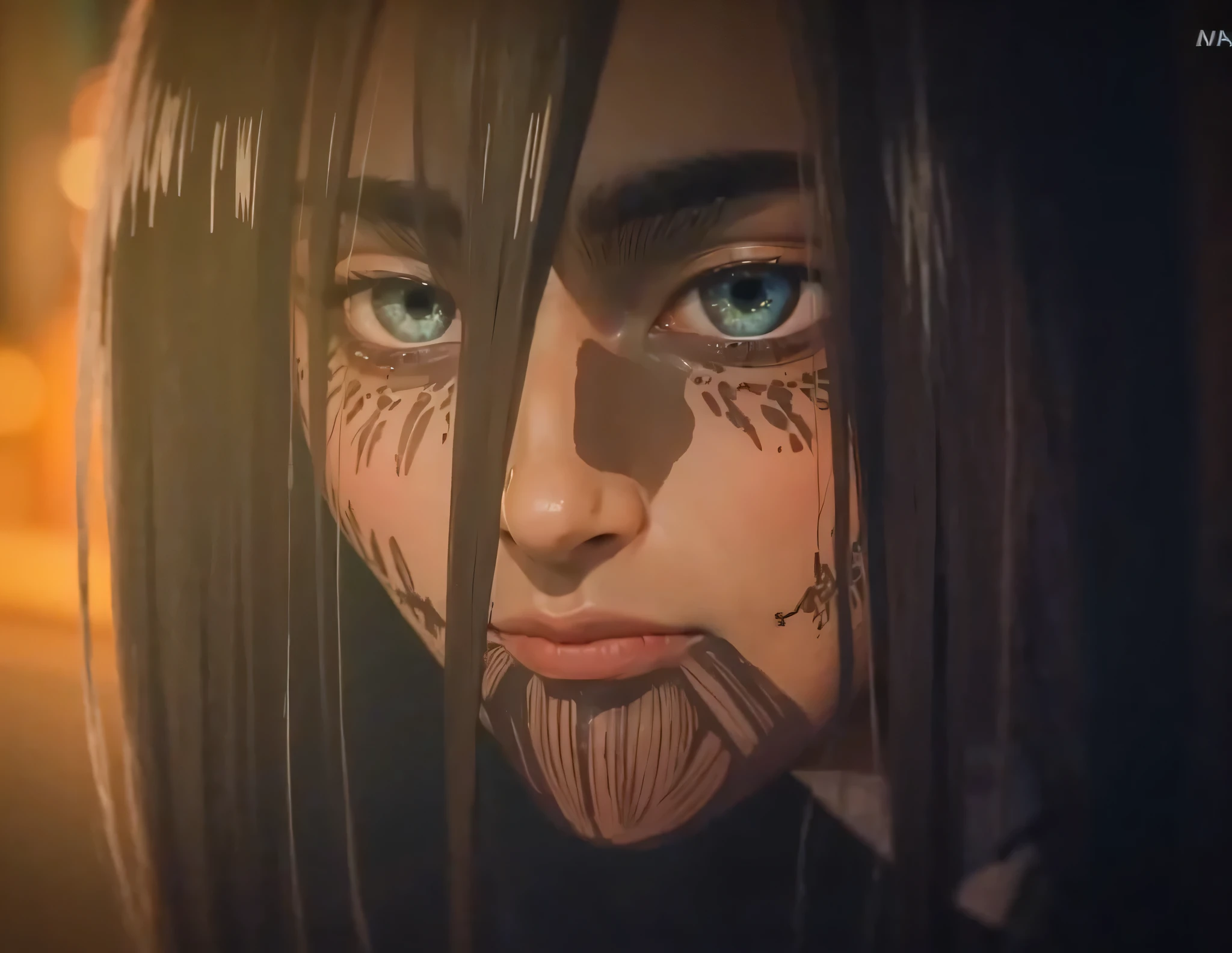 man with grey eyes color, long hair and little smile