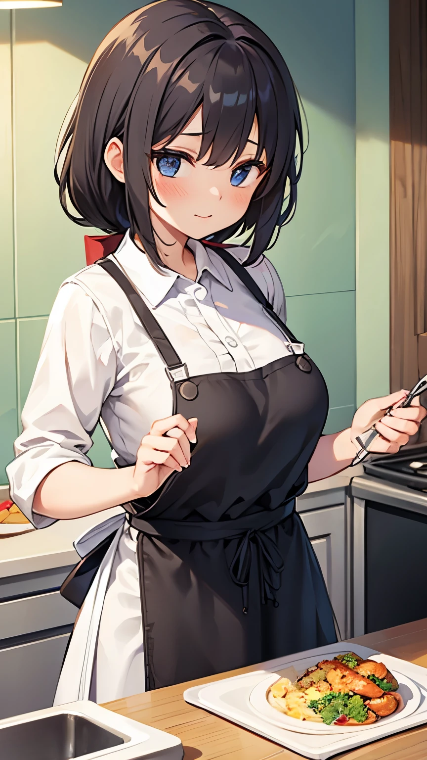 A girl wearing an apron is cooking in the kitchen