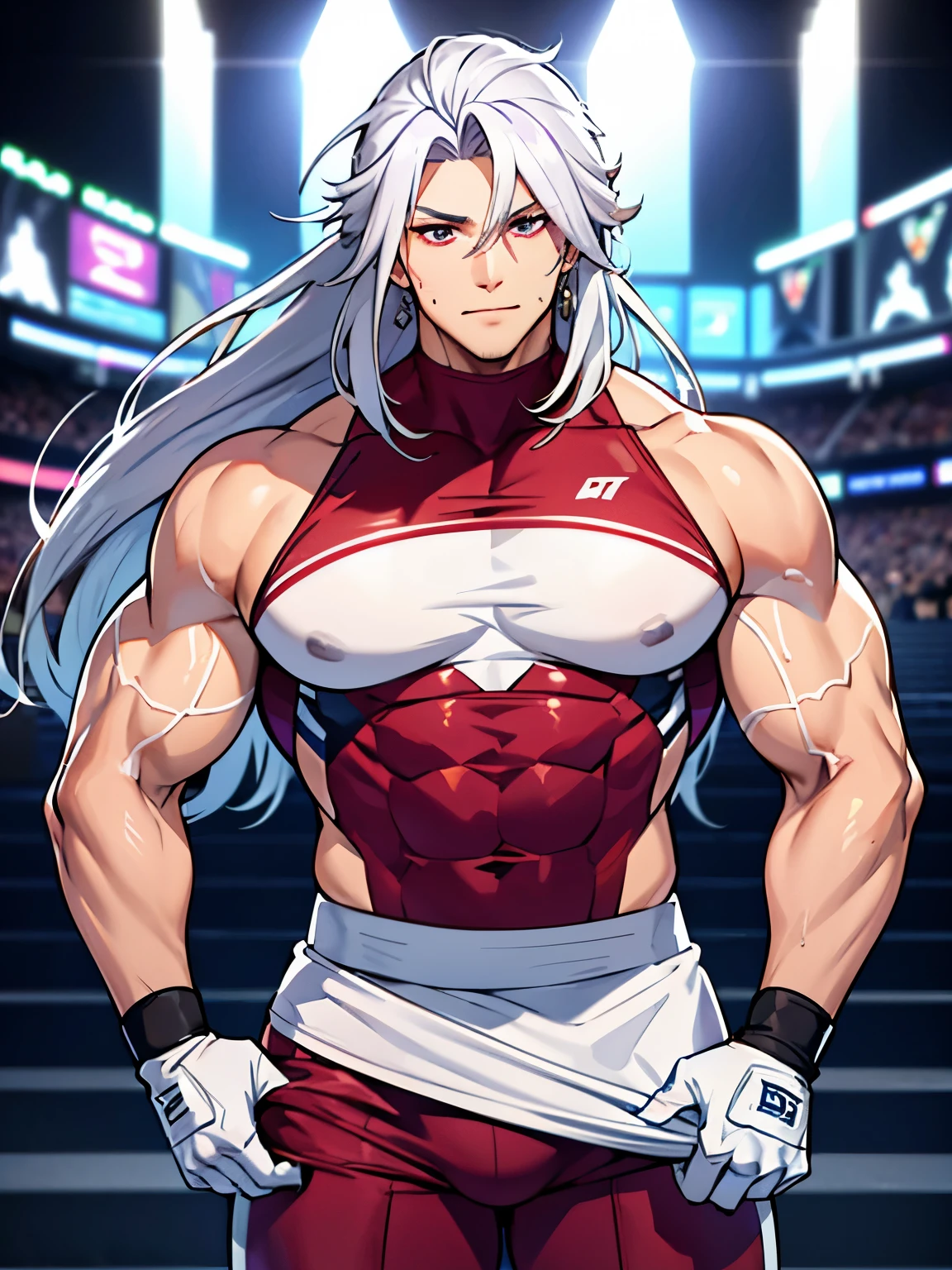 1 man with long curly white hair, silver hair, messy bangs, Sunkissed tan skin, purple magenta eyes, handsome, gloves, earrings, veins on arms and hands, sweaty skin, American football player, tight football uniform, on football field, white happy trail, big pectorals, abs, plump ass, narrow waist, Cinematic lighting, hyper HD, Masterpiece, High details, ((sexy dynamic pose))