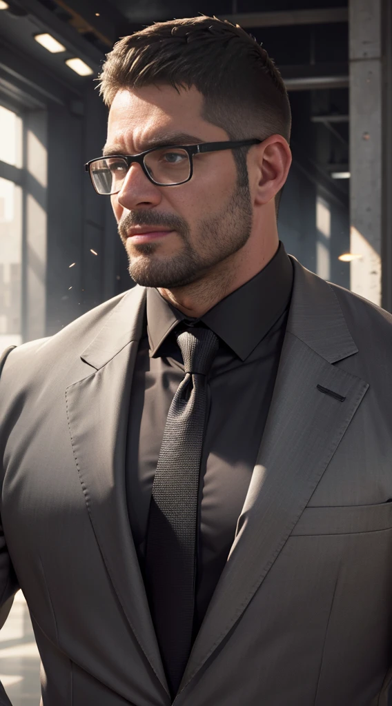 An award-winning original photo,A wild muscular man, (40 years old daddy:1.1), 1boy, Solo, (grey suit), (black trouser), (black dress shirt), (grey necktie), (big shoulders), musculature, stubbles, Short beard, Beautiful eyes:1.3, ), (Detailed face:1.3), wearing glasses, smiles, Dynamic Angle, volumetric lighting, (Best quality, A high resolution, Photorealistic), Cinematic lighting, Masterpiece, RAW photo, Intricate details, hdr, depth of field, upper body shot