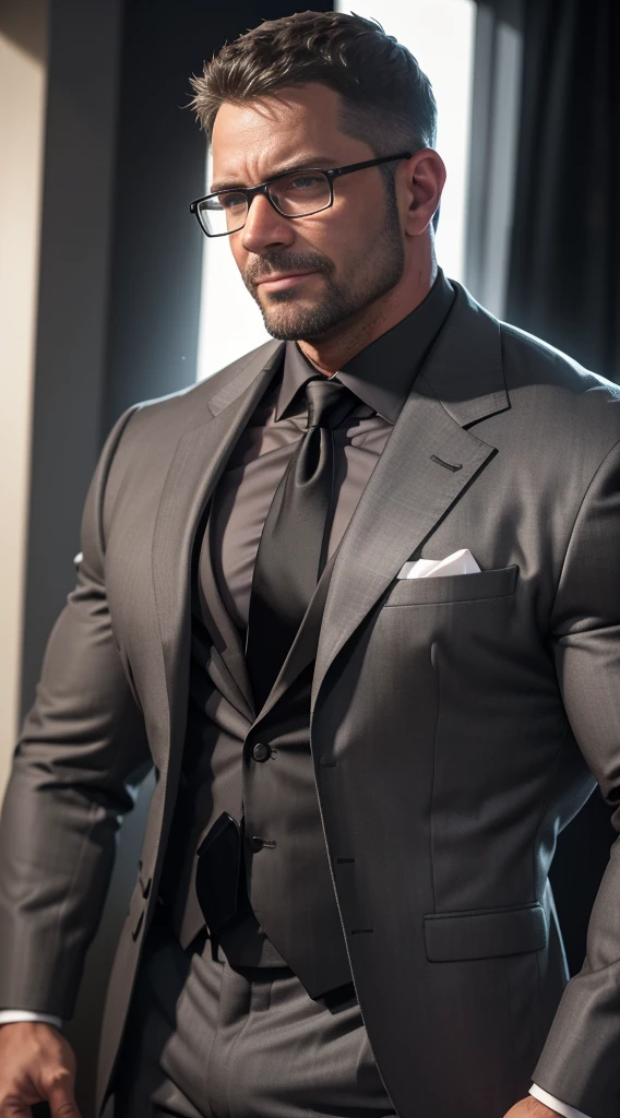 An award-winning original photo，A wild muscular man, (40 years old daddy:1.1), 1boy, Solo, (grey suit), (black trouser), (black dress shirt), (grey necktie), (big shoulders), musculature, stubbles, Short beard, Beautiful eyes:1.3, ), (Detailed face:1.3), wearing glasses, smiles, Dynamic Angle, volumetric lighting, (Best quality, A high resolution, Photorealistic), Cinematic lighting, Masterpiece, RAW photo, Intricate details, hdr, depth of field, upper body shot
