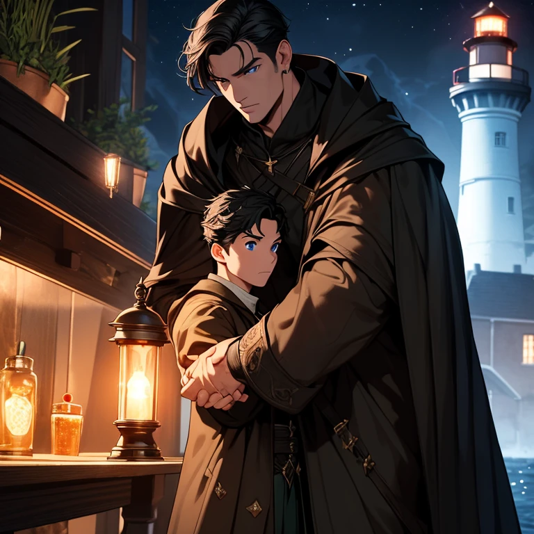 (absurdres, highres, ultra detailed), masterpiece, best quality, two men holding hands tenderly. one man is strong with muscles and tall, handsome, black hair, black cloak, shining blue eyes. The other man has brown hair, green coat, soft facial features. background is a lighthouse, Fireflies around them.