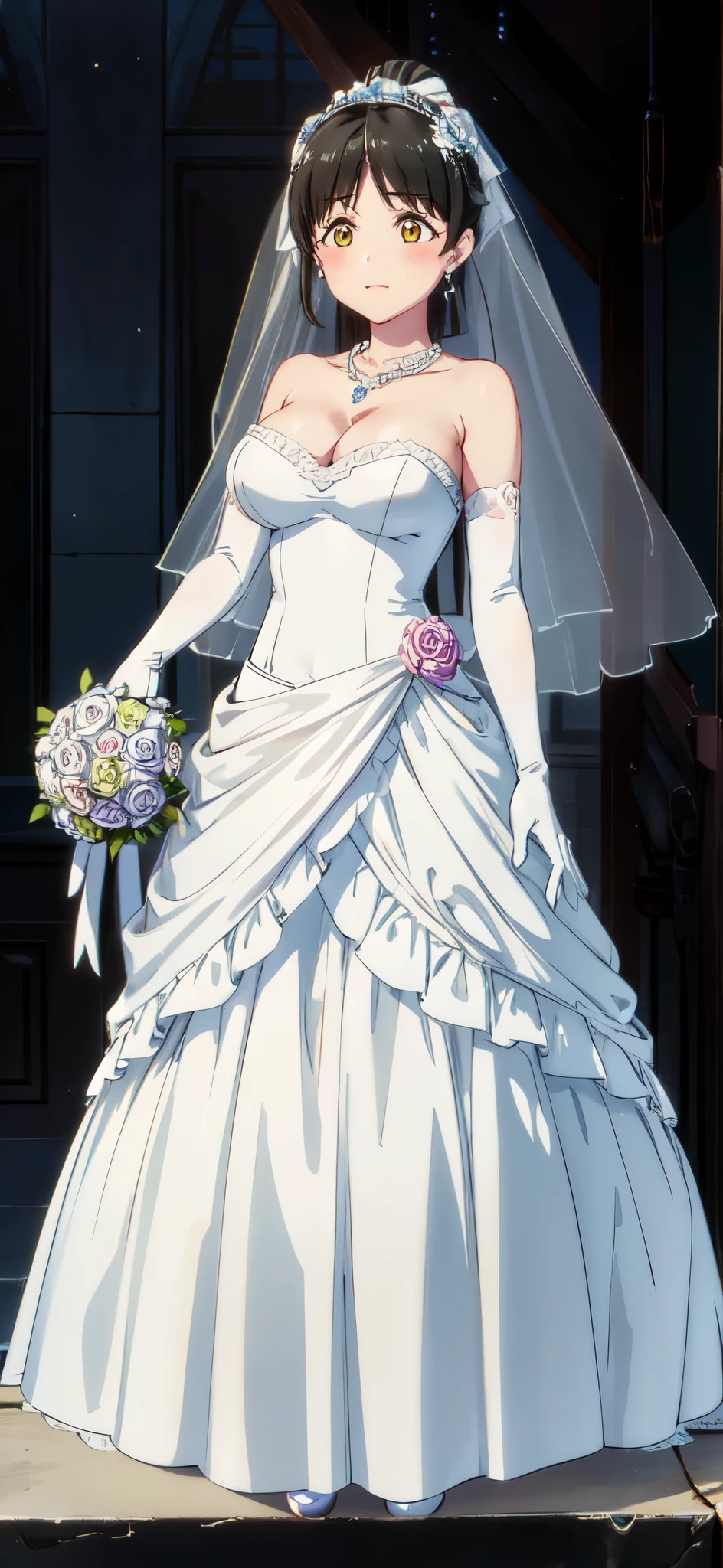 (((Pixel perfect, Perfect details))), alone, 1 girl, Ye Yuelian, ,Keep your mouth shut,ponytail,Gurwitz,pillory,Head flail,hand flail,flail,(bridal veil:1.5),(short sheer veil:1.5),Blushing face,Head flower,headgear,(tube top wedding dress:1.5),(Silk dress:1.2),(Strapless wedding dress:1.5),Bouquet,pure white dress,necklace,earrings,(large breasts:1.3),Deep V peach heart collar wedding dress,Bangs,lipstick,(lace gloves:1.3),Bust photo,High detail RAW color art,Tyndall phenomenon