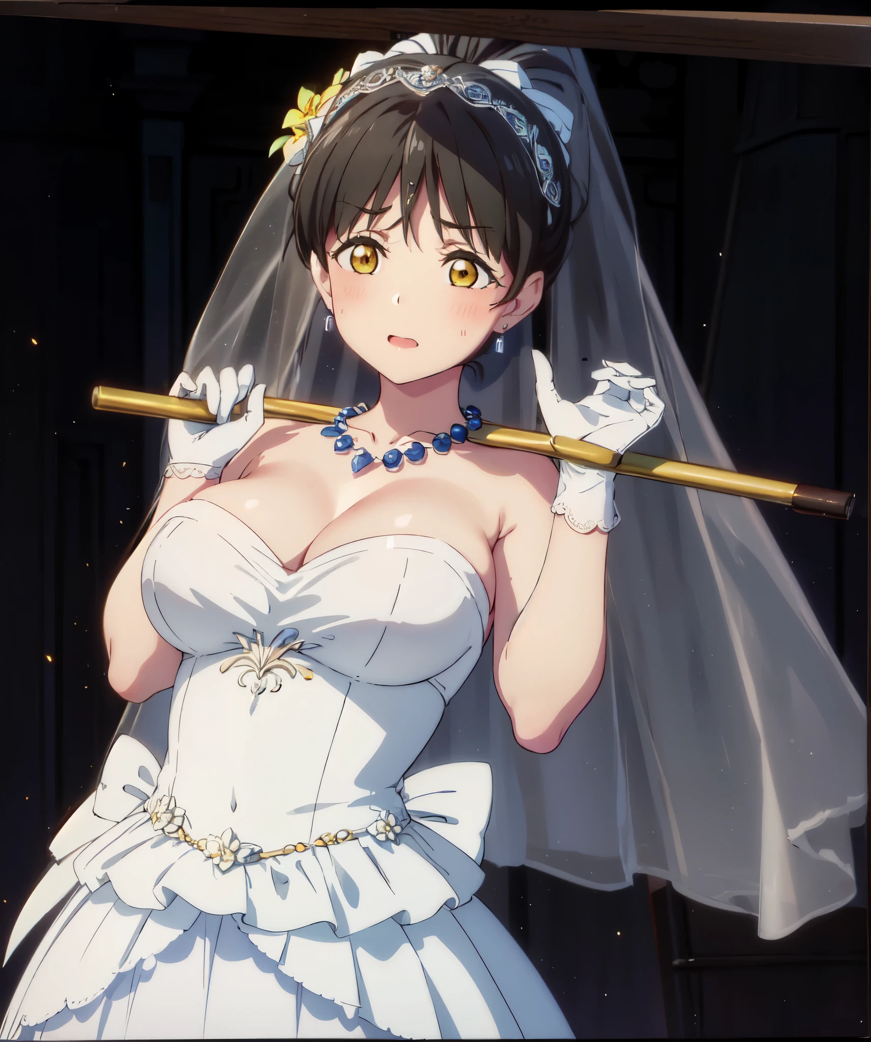 (((Pixel perfect, Perfect details))), alone, 1 girl, Ye Yuelian, ,Keep your mouth shut,ponytail,Gurwitz,pillory,Head flail,hand flail,flail,(bridal veil:1.5),(short sheer veil:1.5),Blushing face,Head flower,headgear,(tube top wedding dress:1.5),(Silk dress:1.2),(Strapless wedding dress:1.5),Bouquet,pure white dress,necklace,earrings,(large breasts:1.3),Deep V peach heart collar wedding dress,Bangs,lipstick,(lace gloves:1.3),Bust photo,High detail RAW color art,Tyndall phenomenon