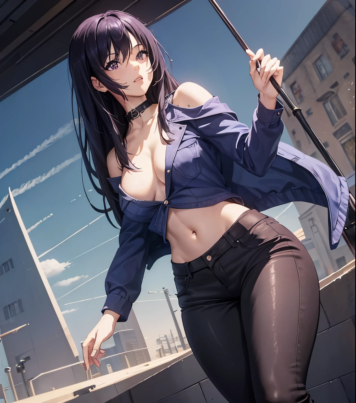 (masterpiece),(best quality), hair over right eye, looking at the viewer, thin body, dynamic poses, (medium breasts: 1.3), young girl, 8k,(bright sunny day:1.5), (seductive body details:1.3), long dark purple hair, purple eyes, seductive light smile, shy, skinny legs, (slender legs), big eyes, (((wind))), (high breasts), sharp breasts, (realistic style), full height, (burn scar on the right side of the face:1.5), (burn scar on the right side of the body:1.5), (clear left side of the body:1.2), hair over right eye, ((megane)), ((disheveled hair)), (slim waist), ((narrow hips)), (slender legs), medium breast, curvy, thight denim sexy suit, short thight jacket, naked jacket, thight pants