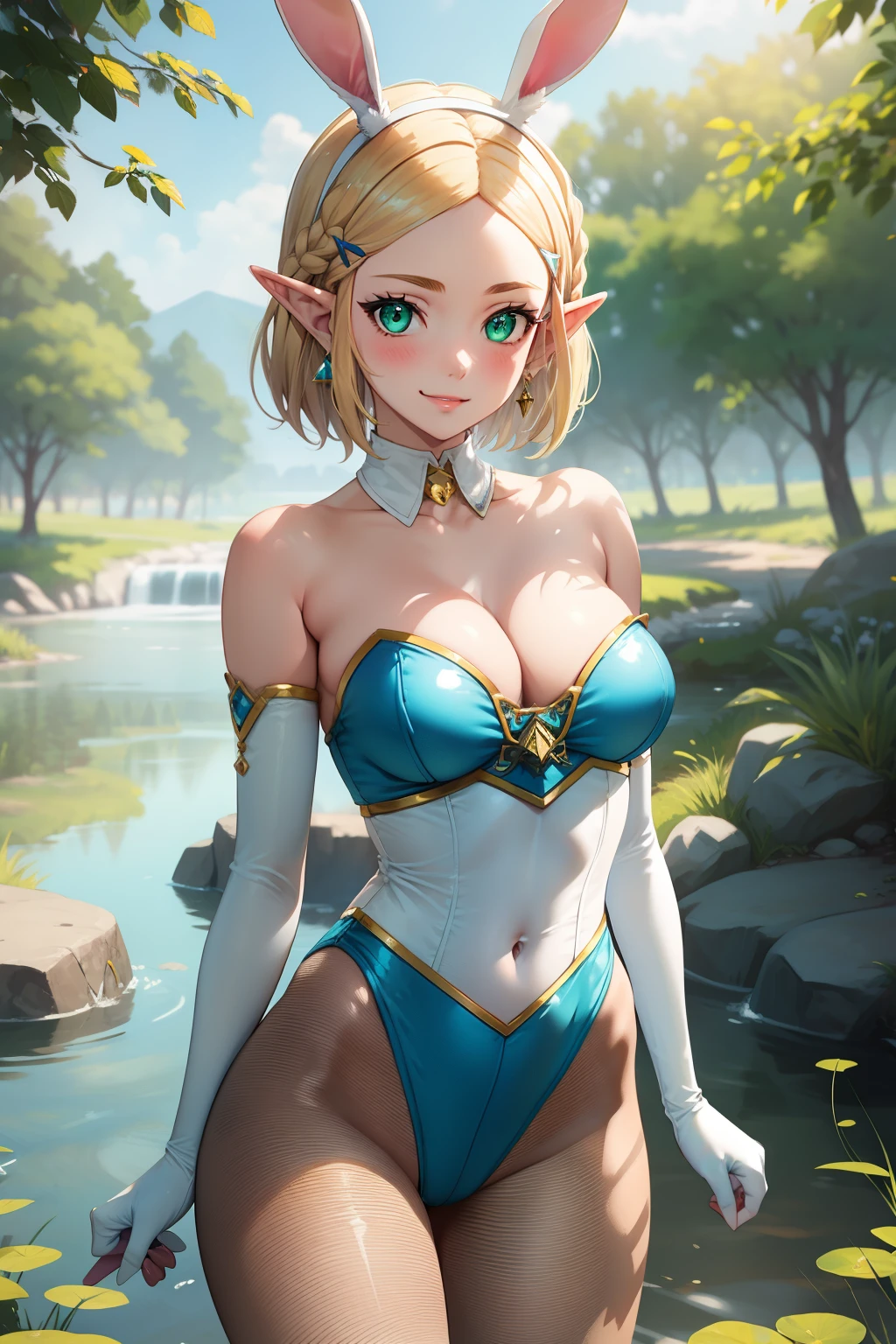 Zelda, green eyes, short hair, braids, 1girl, solo, perfect breasts, ,earrings glossy lips ,looking at viewer, blush, large breasts, nature, pond, trees, park, long white elbow satin gloves, holding, animal ears, cleavage, bare shoulders, jewelry, very l, gentle smile, pantyhose, earrings, fake rabbit ears, blue leotard, fake animal ears bunny, long white elbow gloves, white gloves