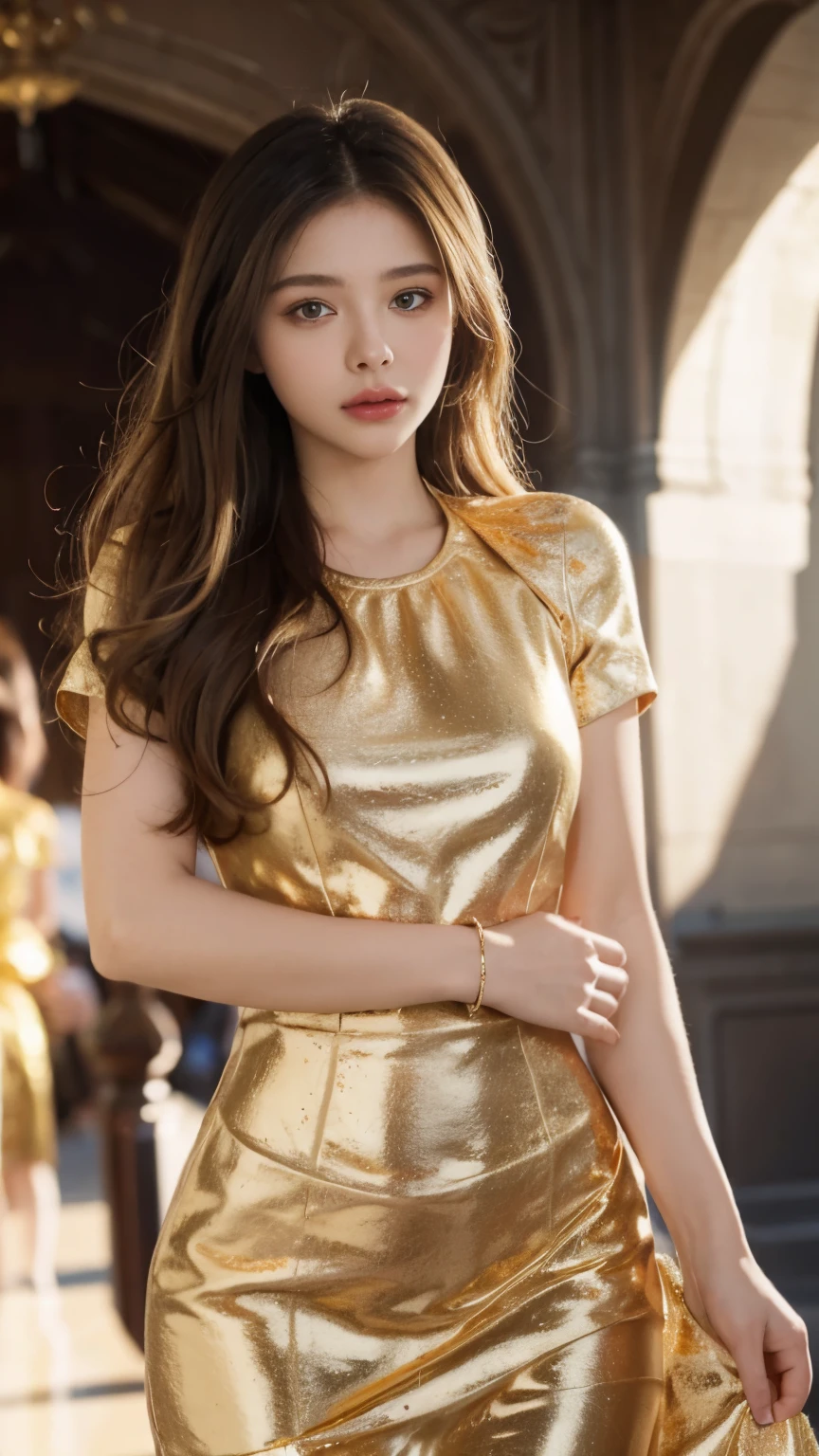 black hair, Surrealism, 8k, super detail, UHD, masterpiece, ccurate, anatomically correct, textured skin, super detail, high details, high quality, best quality, 8k，Beautiful woman，(golden dress:1.5)，Glittering costumes，Princess，(blonde hire)，(golden eyes)，western castle