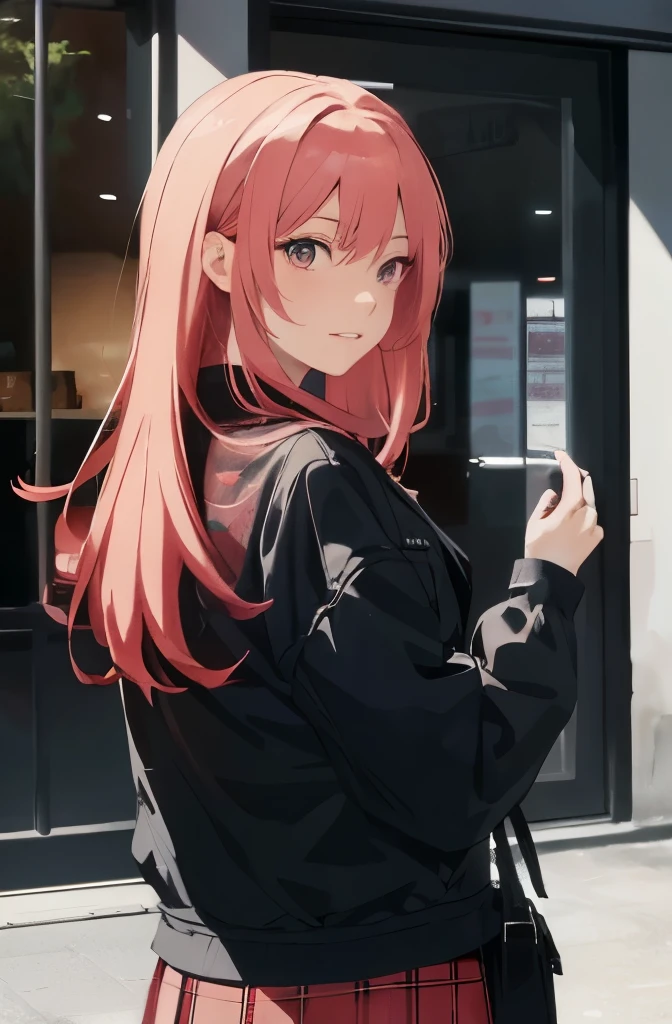 ((Best quality)), HD, 4K, ((masterpiece)), (detailed)), (masterpiece), a woman in a skirt and jacket holding a bag and a bag, guweiz, artwork in the style of guweiz, promo art, style anime, anime moe artstyle, high quality anime artstyle, anime visual of a cute girl, marin kitagawa fanart, modern anime style, made with anime painter studio, anime artstyle, an anime girl, with a intence red color in her hair, no ia style 