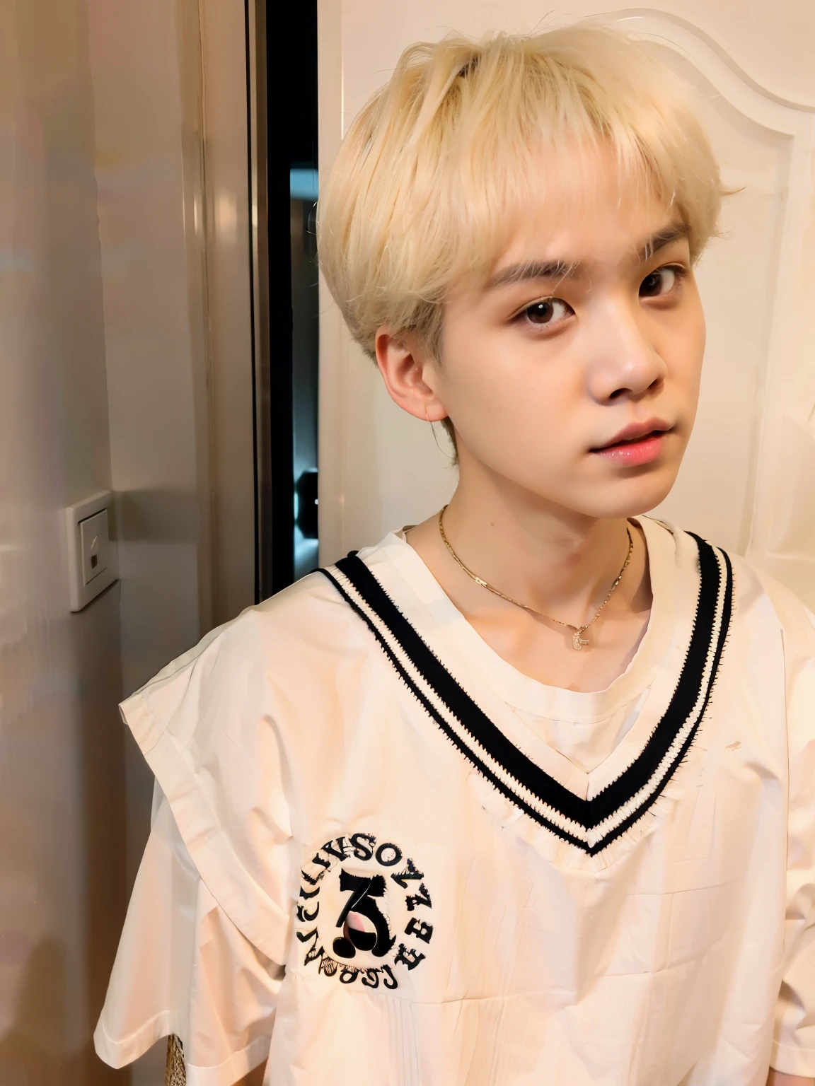 arafed boy with blonde hair dressed in a white shirt and a black and white striped shirt, kim doyoung, cai xukun, Jung Jaehyun, pintar ulzzang, park Jimin, Jimin, hyung tae, jaeyeon nam, peinado de corte hime blanco, ulzzang, Jinyoung Shin, TaeJune Kim, hong junio hyung, yanjun chengt