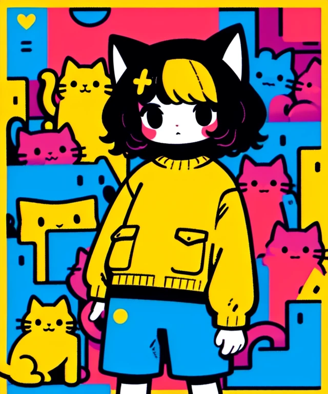 masterpiece,best quality,1girl,cat,long sleeves,multicolored background,
