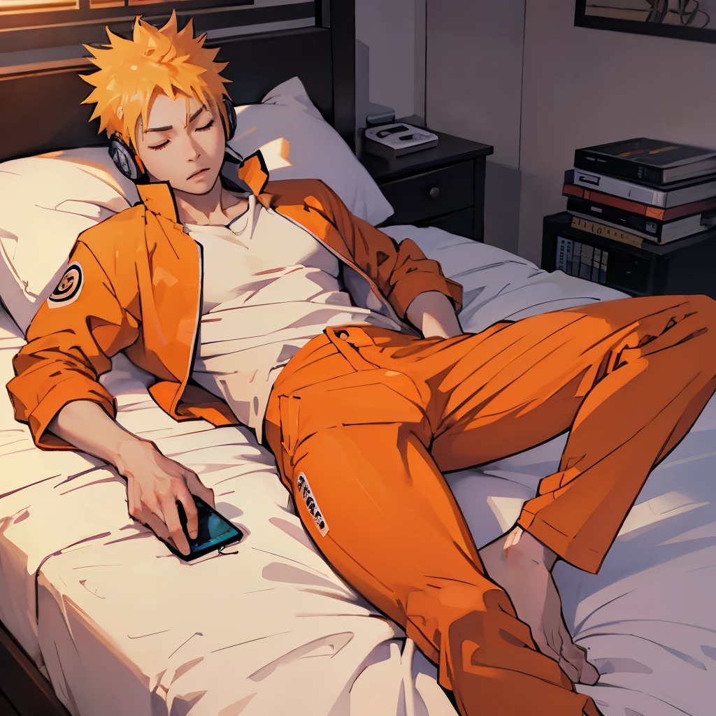 masterpiece, best quality, Naruto sleeping on bed, listening to music with studio headphones on, closing eyes, chill, resting, one person resting, anime style, normal human anatomy, wearing orange jacket and orange pants, fully clothed, feet stretched out, hands to side