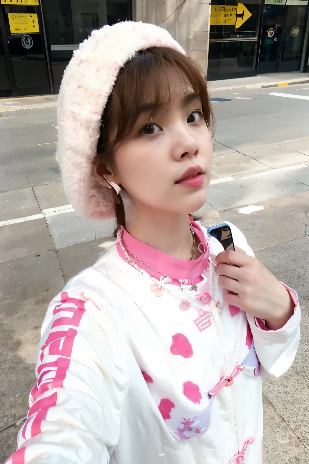 There is a woman who is standing in the street with a cell phone, ulzzang, and - girl, e-chica, sakimichan, ruan lindo vtuber, pale korean adorable face, chiho, (Rosa colors), kim doyoung, ((Rosa)), Rosa girl, tendencia en cgstation, chen xintong, bella delfina
