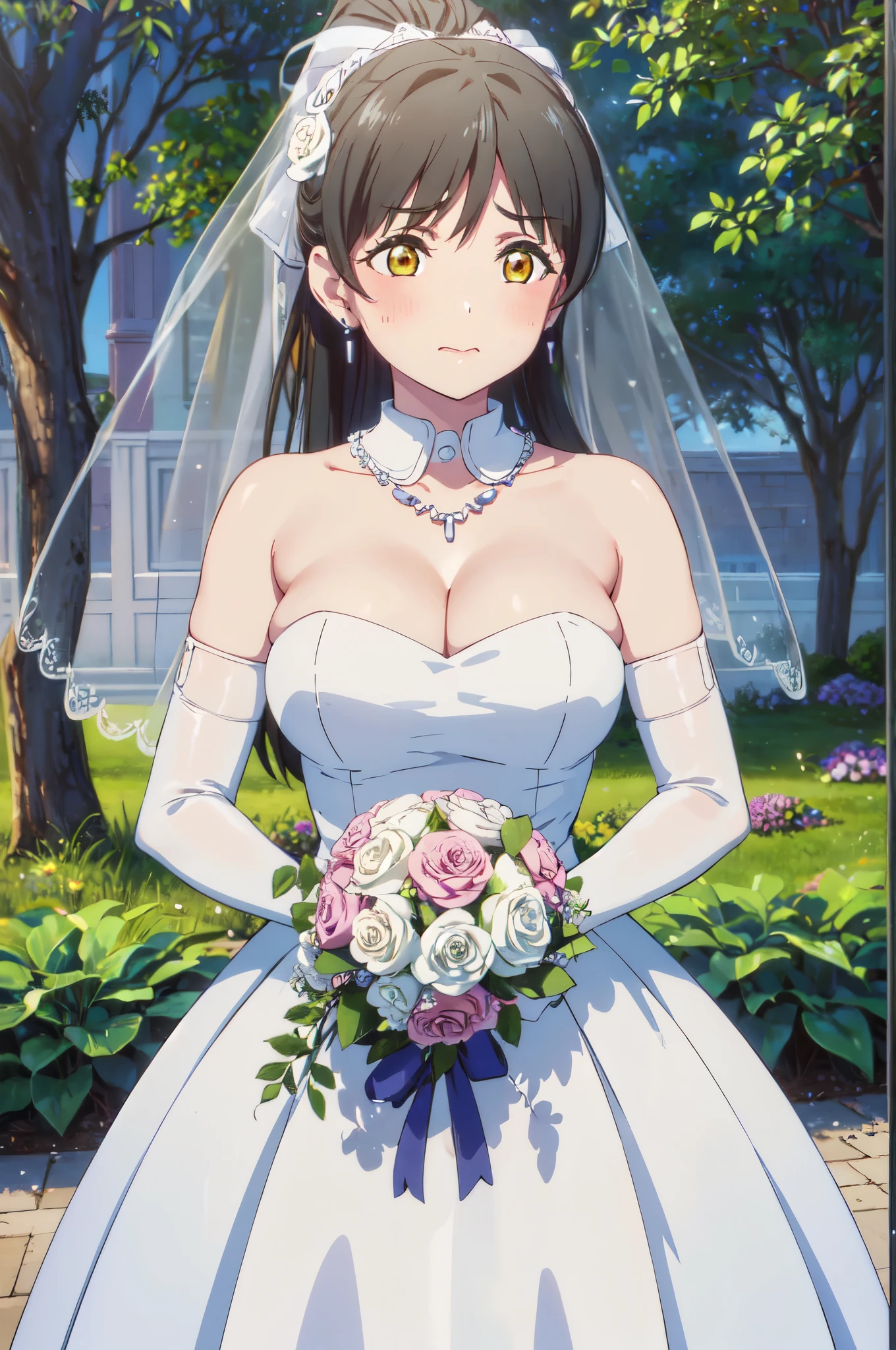 (((Pixel perfect, Perfect details))), alone, 1 girl, Ye Yuelian, ,Keep your mouth shut,ponytail，Gurwitz，pillory，Head flail，hand flail，flail，(bridal veil:1.5），（short sheer veil：1.5），Blushing face，Head flower，headgear，（tube top wedding dress：1.5），（Silk dress：1.2）,（Strapless wedding dress：1.5）,Bouquet,pure white dress，necklace，earrings，(large breasts:1.3)，Deep V peach heart collar wedding dress，Bangs，lipstick，（lace gloves：1.3）,Bust photo,High detail RAW color art,Tyndall phenomenon