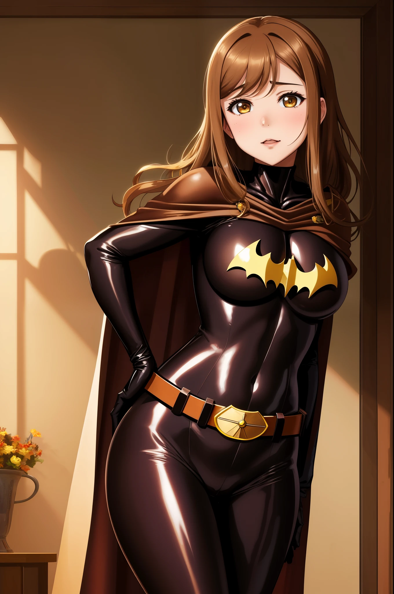 masterpiece, best quality, (kunikida hanamaru:0.999), (long hair:0.888), (breasts:0.878), (brown hair:0.875), (looking at viewer:0.699), (large breasts:1.0), (tight bodysuit:1.2), batman custom , standing , cowboy shot,belt, cape 