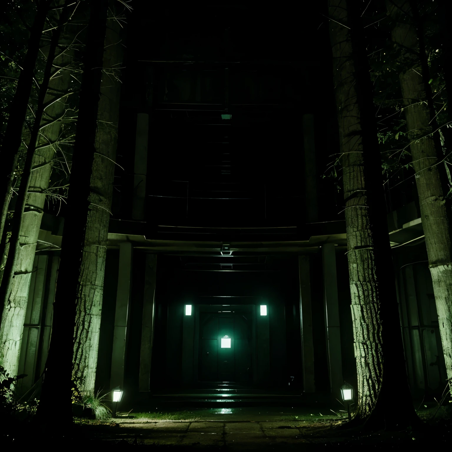 A hydra facility at night in the middle of a wooded area. (A place)
