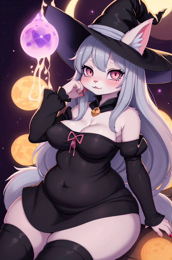 anime furry girl with big boobies posing in a witch costume, flirty anime witch casting magic, small curvy loli, marisa kirisame, witch academia, fluffy chest, mighty plump female sorceress, commission for high res, kirisame marisa, cat witch, cute anime catgirl, thicc, marin kitagawa fanart, [ 4 k digital art ]!!