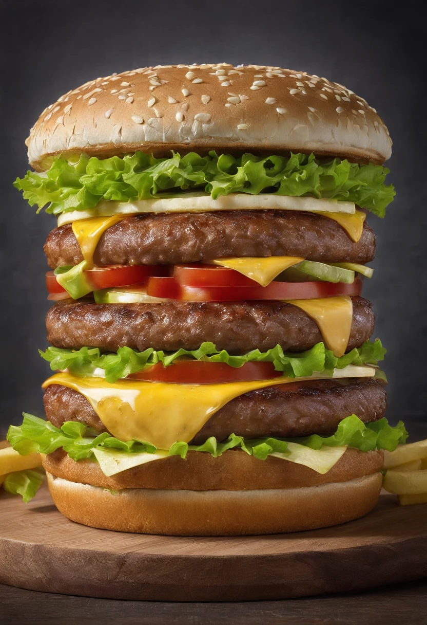 Hamburguesa big Mac grande, mesa de madera , hojas verdes, patatas, refresco 