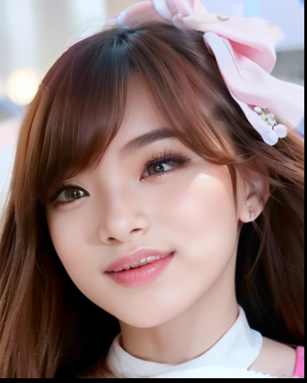 Young Woman, beautiful face, graceful, perfect face, wearing Pink earrings in the shape of love , pink lips, little smile expression, Long bangs hair, Mouth closed, looking at viewer