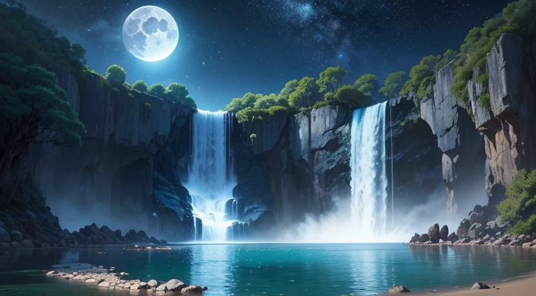 paisaje oriental, cerezos, arroyo, Flores de loto, cascada, enorme luna llena azul y un cielo estrellado, arte de pixel