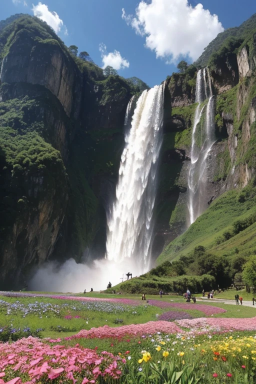 cascada ,towering mountains ,mar de flores,cielo rosa,dreamland wonderland,curar