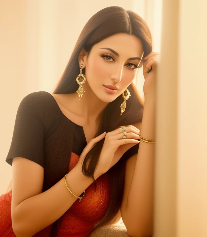a close up of a woman with long hair wearing earrings, arab young monica belluci, gorgeous beautiful woman, most beautiful woman on earth, very beautiful woman, gorgeous woman, attractive female face!!!, gorgeous latina face, young arab monica bellucci, extremely beautiful face, very beautiful face, gorgeous attractive face, flawless olive skin, attractive and beautiful, gorgeous and beautiful