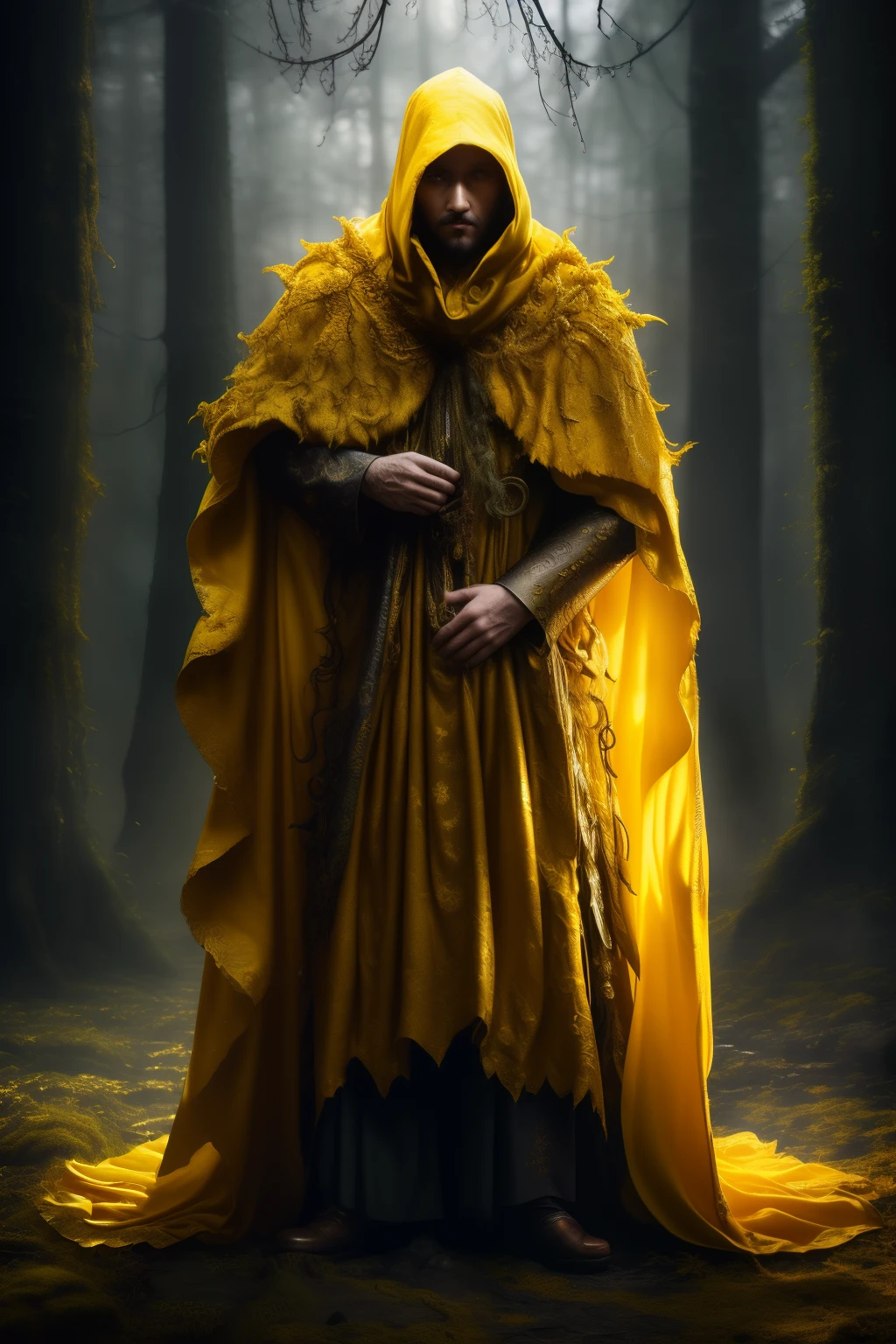 ((best quality)), ((masterpiece)), (detailed), perfect face, yellow king, lovecraftian mystical horror, yellow monster, yellow cape and cloak, full body, character art, mystical background