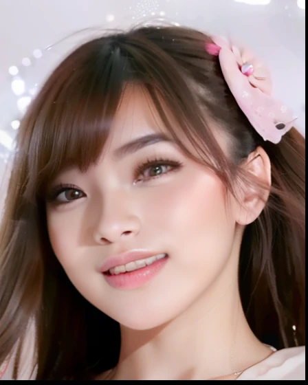 Young Woman, beautiful face, graceful, perfect face, wearing Pink earrings in the shape of love ,pink lips, little smile expression, Long bangs hair, Mouth closed, looking at viewer