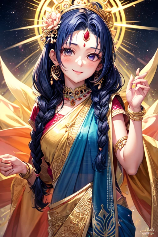 anime woman, deep luminous indigo eyes, wears a regal, flowing sari in rich hues of gold and deep crimson, patterns inspired by lotus blossoms and celestial symbols. Jeweled accessories accentuate her divine presence, and a delicate bindi on her forehead signifies spiritual wisdom. hair is sapphire blue at the roots to a vibrant crimson red towards the tips. hair cascades down in elegant waves, Intricate braids, she is smiling like a yandere