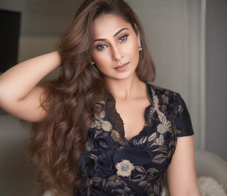 high quality, photo of a 35-year-old woman, siting on throne , Wearing stuning Indian Chaniya Choli,hasselblad h6d camera, lens 85 mm ,detailed face, dark texuterd paper Background,  jenifw 