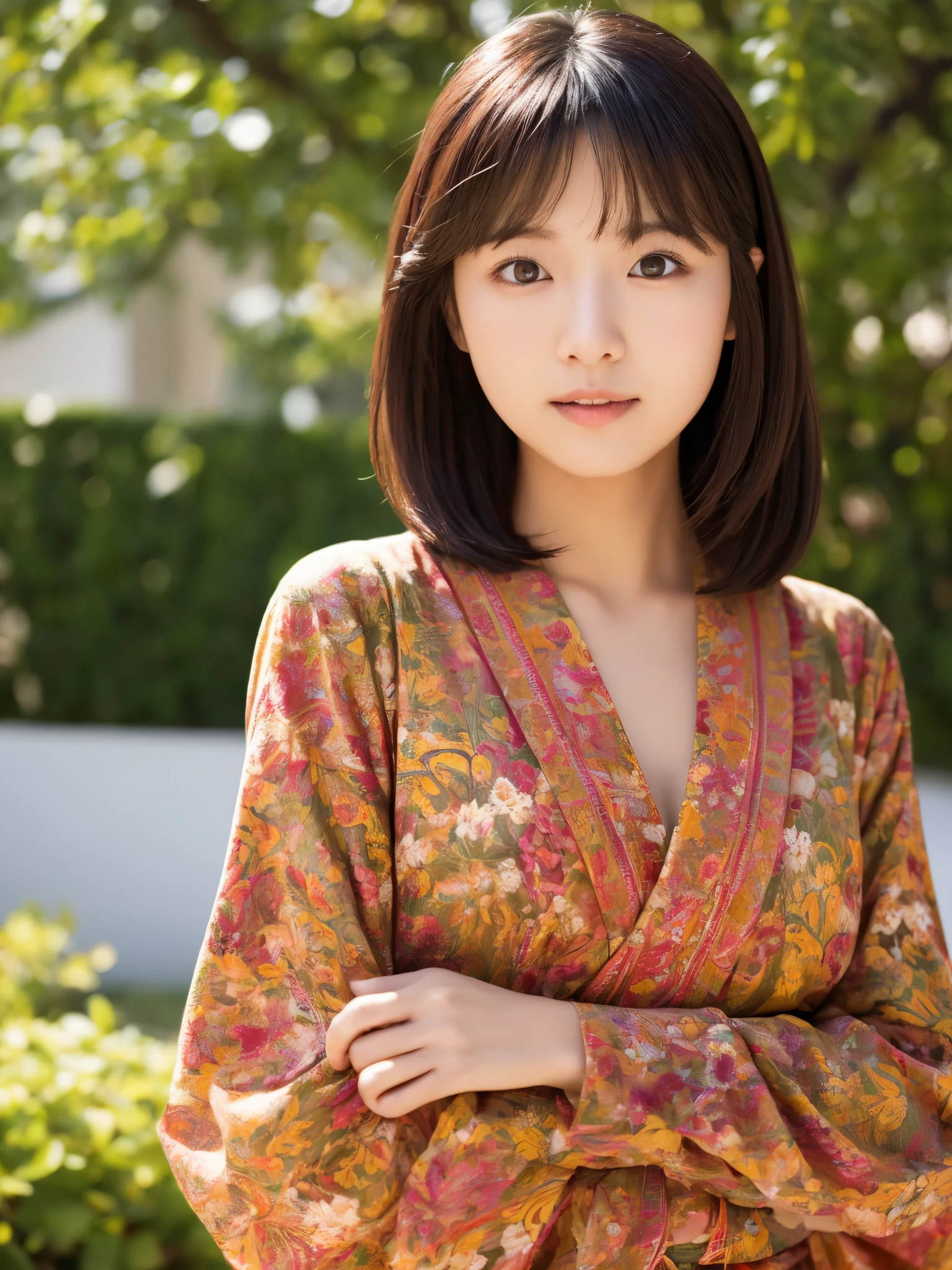 30 years old Japanese woman, Light color skin, Expressionless, Short curly hair, Wearing red Kimono with yellow ornaments, Dress modestly, Model body, Standing pose, Facing at the viewer, At the garden, Day scene, High Resolution, High details, Textured skin, Anatomically correct, Photorealistic.