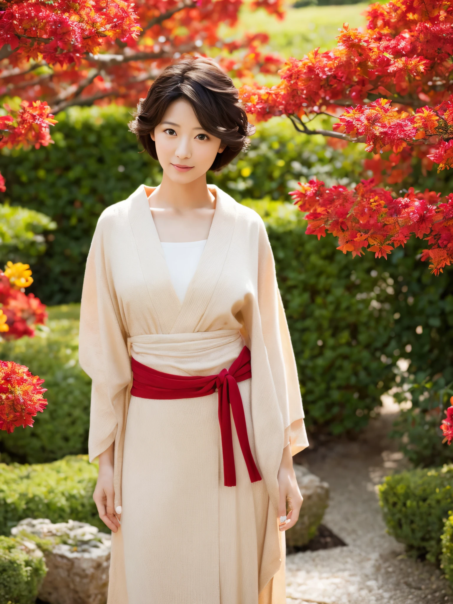 30 years old Japanese woman, Light color skin, Expressionless, Short curly hair, Wearing red Kimono with yellow ornaments, Dress modestly, Model body, Standing pose, Facing at the viewer, At the garden, Day scene, High Resolution, High details, Textured skin, Anatomically correct, Photorealistic.