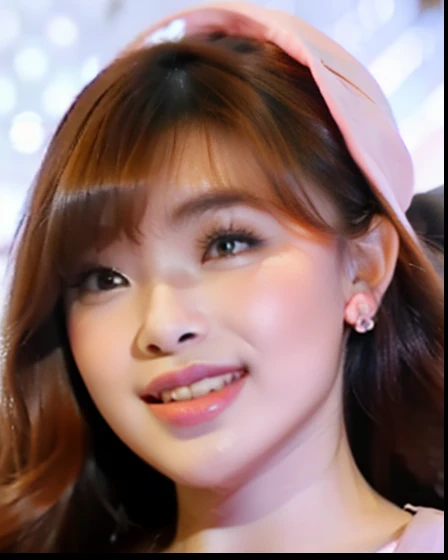Young Woman, beautiful face, graceful, perfect face, wearing Pink earrings in the shape of love ,pink lips, little smile expression, Long bangs hair, Mouth closed, looking at viewer