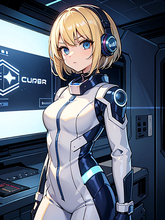 1 girl, masterpiece, short hair, blonde, blue eyes, Severe, mechanical suit,headphone、 white suit, portrait, Inside the space station、cyber punk,