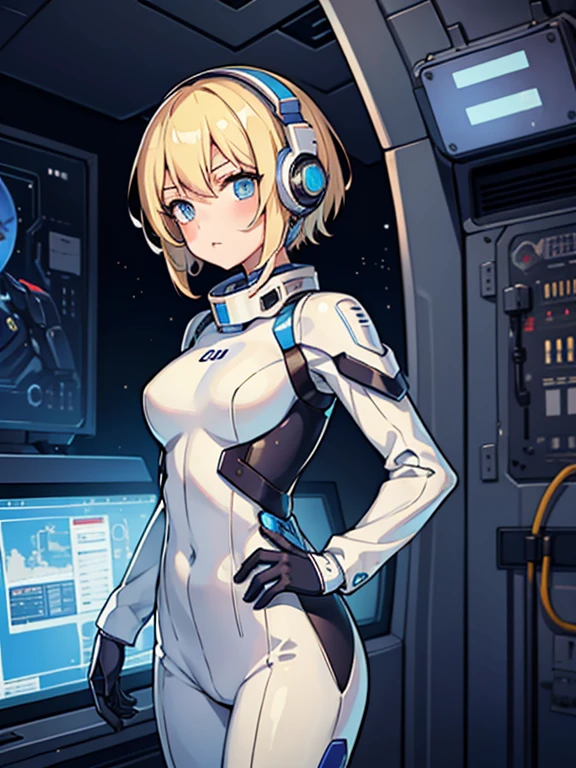 1girl, blonde_hair, solo,(space helmet):6, blue_eyes, looking_at_viewer, futuristic_diving_suit, realistic, breasts, short_hair, lips, medium_breasts, cyborg_enhancements, high_tech_armor, underwater, coral_reef, tropical_fish, sunlight_rays, futuristic_breathing_apparatus
