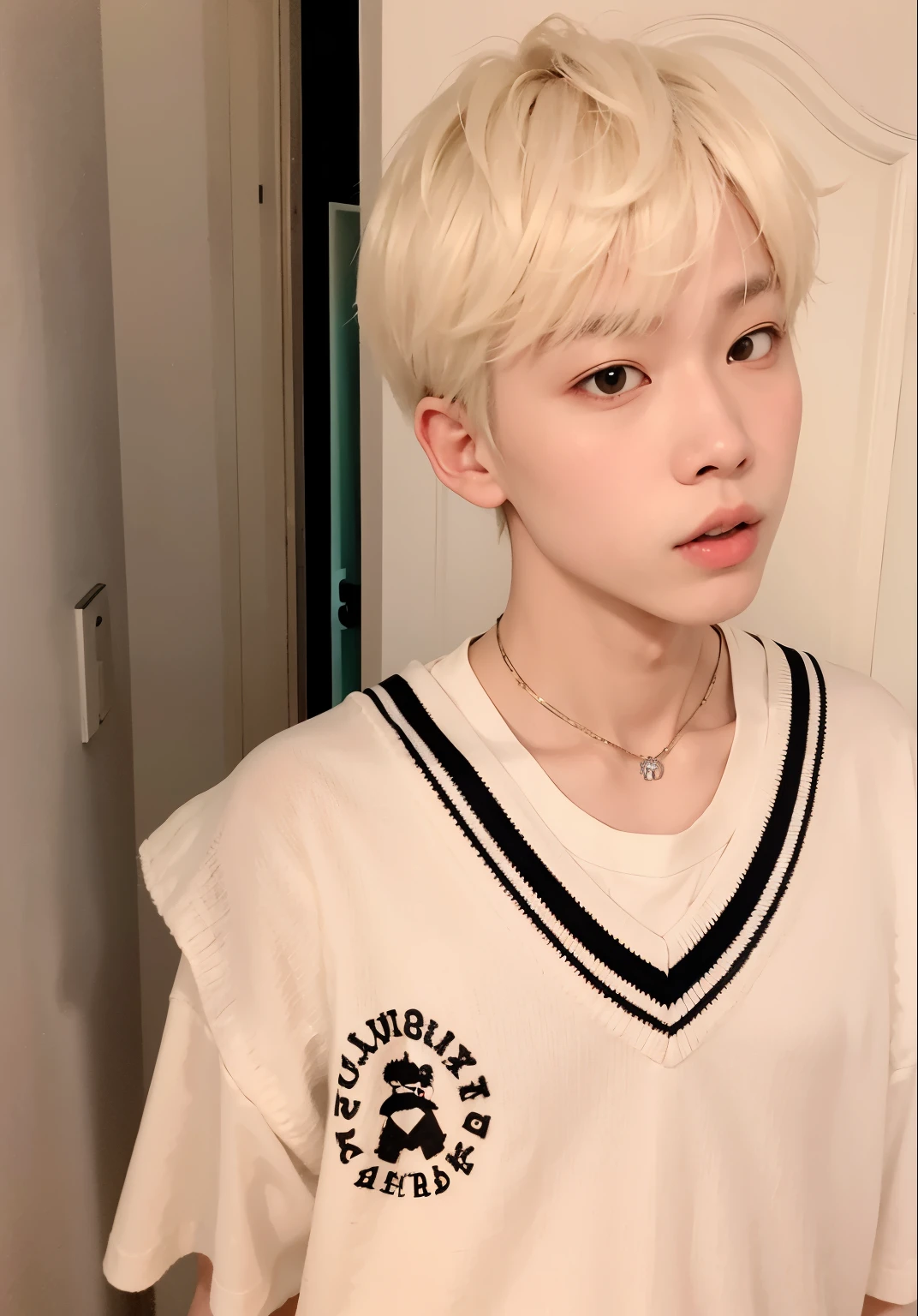 arafed boy with blonde hair dressed in a white shirt and a black and white striped shirt, kim doyoung, cai xukun, Jung Jaehyun, pintar ulzzang, park Jimin, Jimin, hyung tae, jaeyeon nam, peinado de corte hime blanco, ulzzang, Jinyoung Shin, TaeJune Kim, hong junio hyung, yanjun chengt